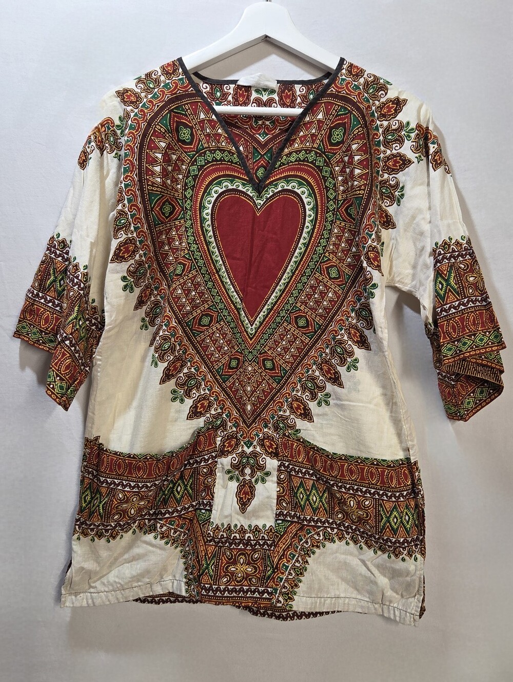 Boho Tunic With Pockets Size Sm By Dashiki Vintage Made In Barbados Heart Print